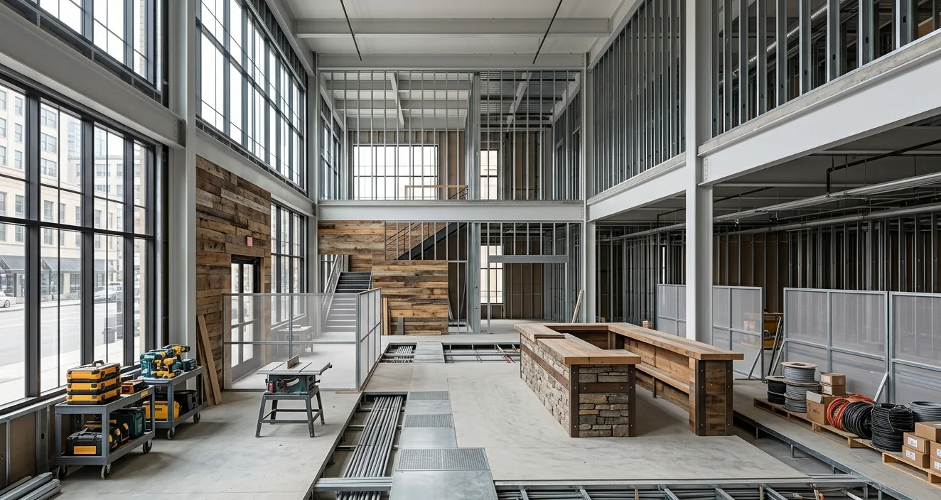 Commercial interior buildout in progress with exposed framing, materials, and active work areas