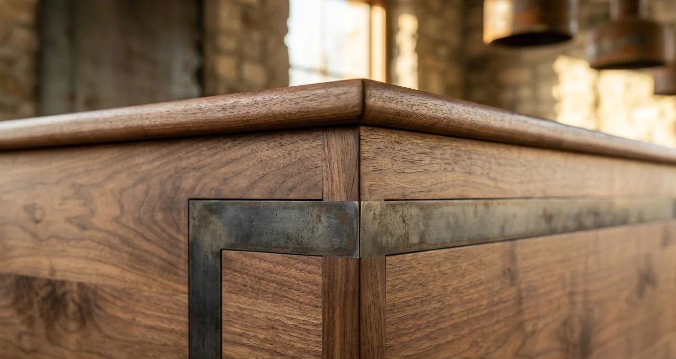 Close-up view of a finished wood millwork corner with inset metal trim