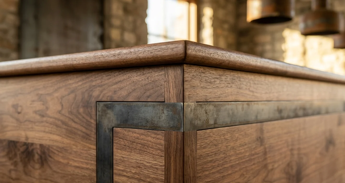 Close-up view of a finished wood millwork corner with inset metal trim