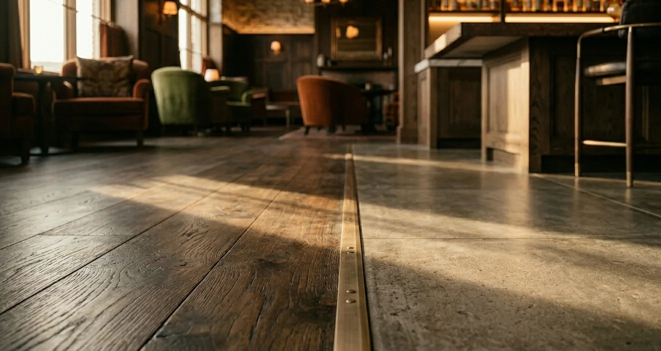 Close-up view of dark wood and concrete flooring joined by a narrow brass divider