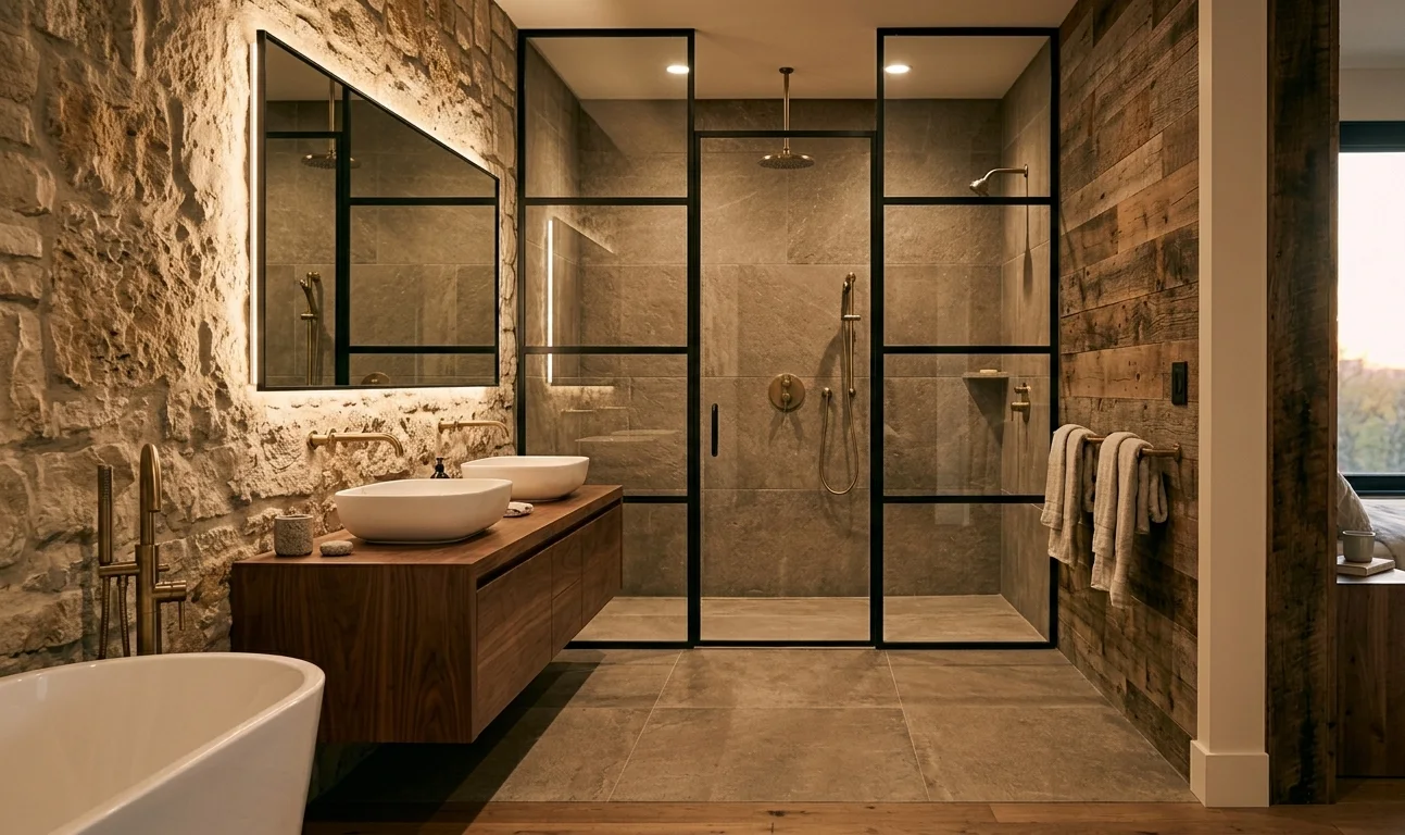 Finished hospitality bathroom with vanity, mirror, tile surfaces, and modern fixtures