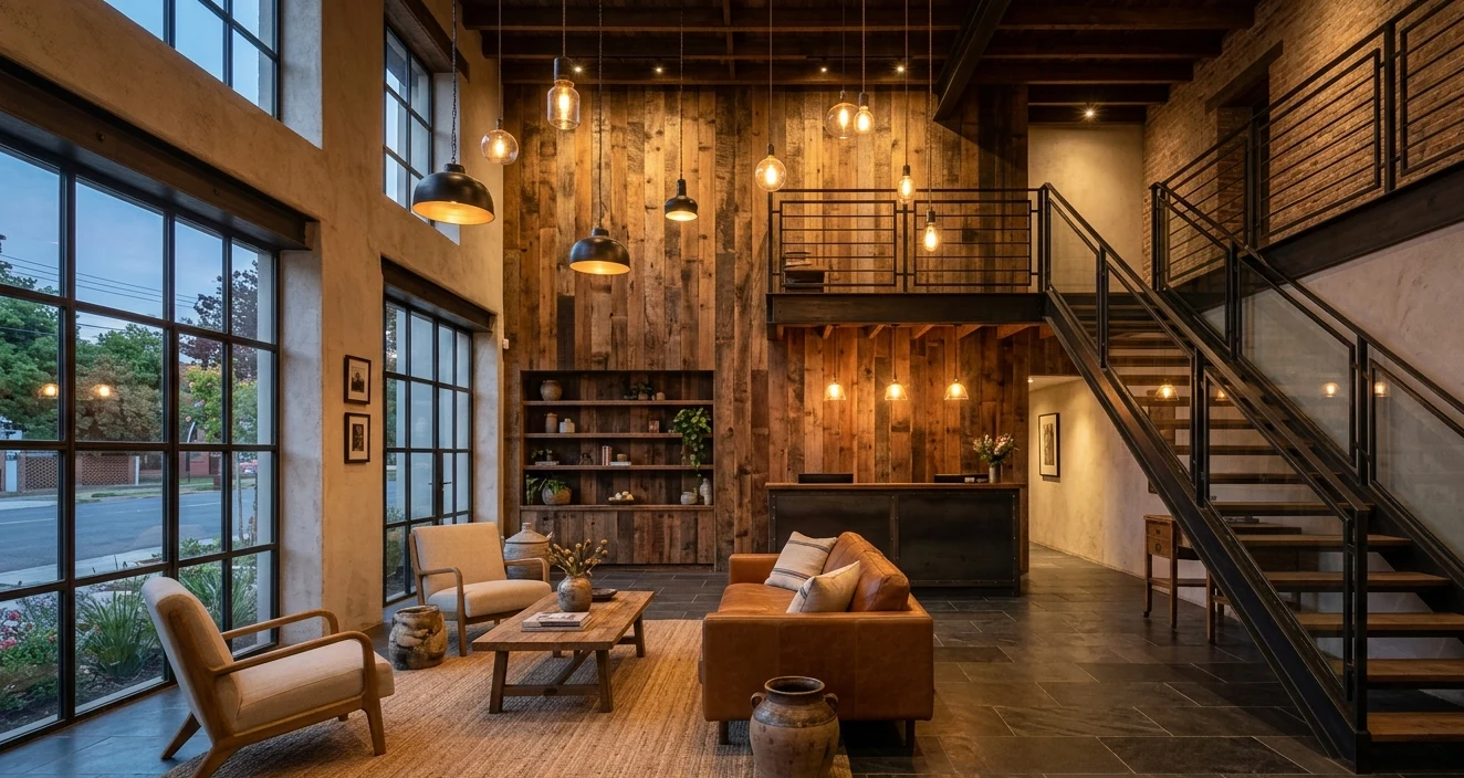 Finished hospitality lobby with seating areas, reclaimed wood walls, pendant lighting, and a metal staircase