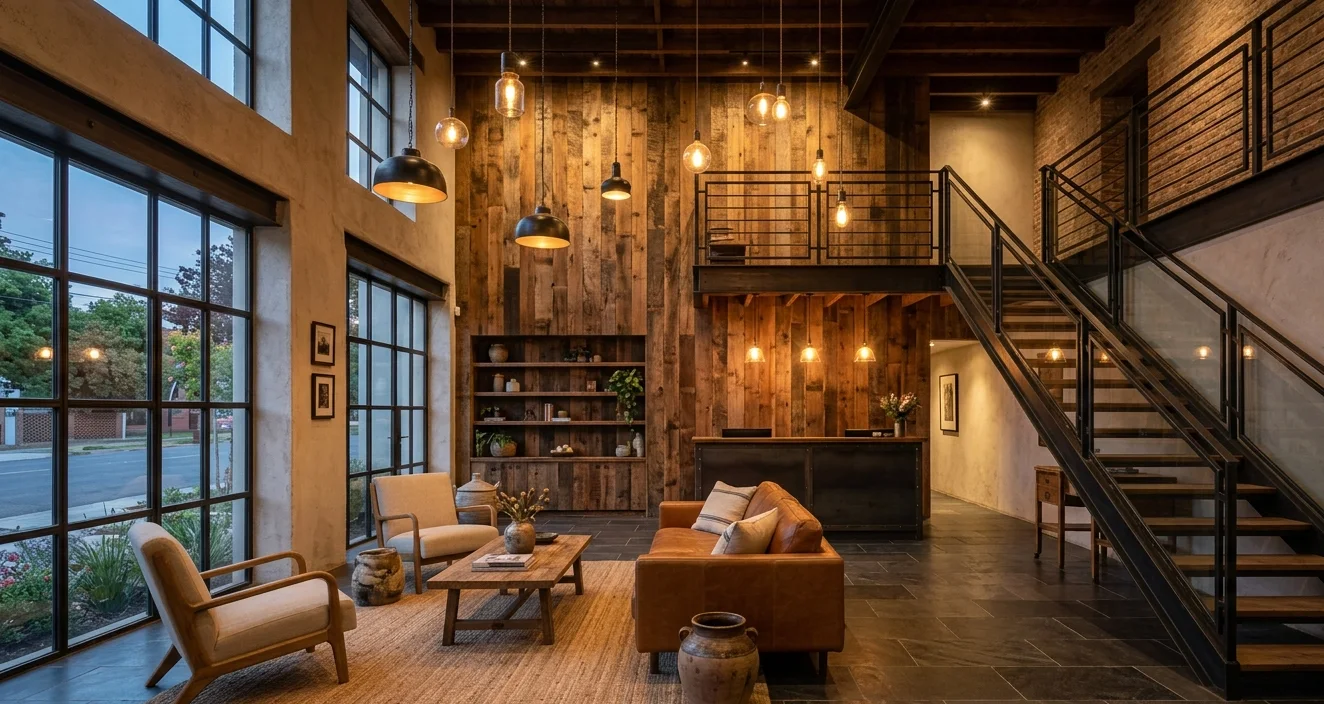 Finished hospitality lobby with seating areas, reclaimed wood walls, pendant lighting, and a metal staircase