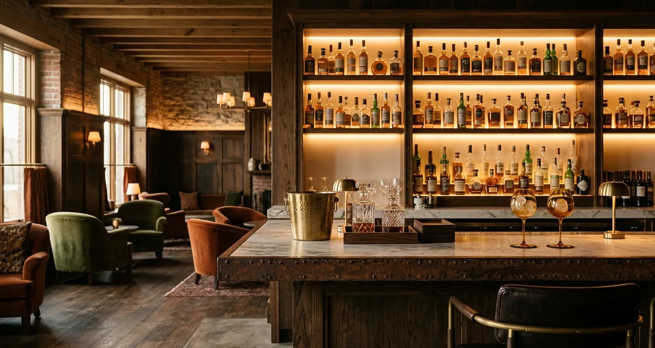 Finished lounge bar with upholstered seating, warm lighting, and a polished service counter