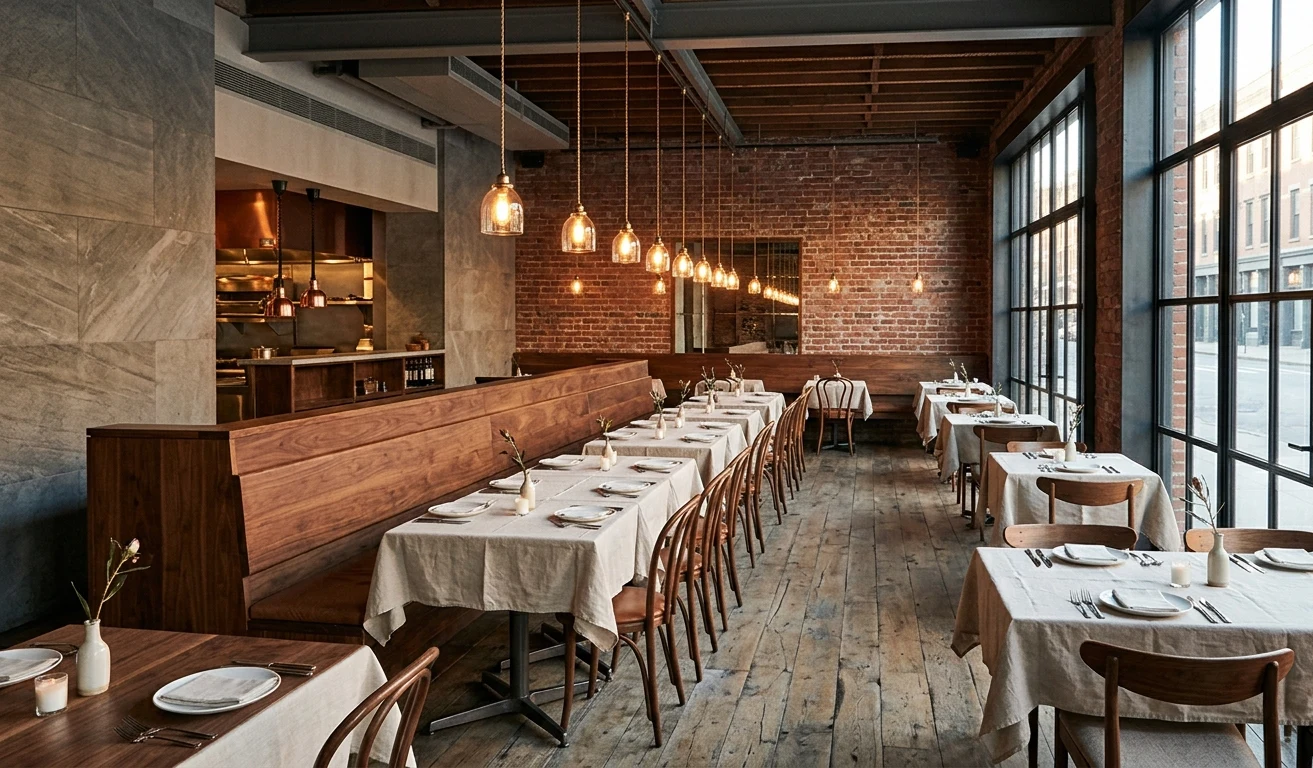 Finished restaurant dining room with wood banquettes, exposed brick, and pendant lighting